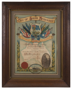 1917 colour lithographic certificate "City of South Melbourne For Liberty For Justice ANZACS The Mayor, Councillors, and Citizens of the City of South South Melbourne Hereby place on record their Thanks and Appreciation for the conduct of William L. Harri