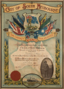 1917 colour lithographic certificate "City of South Melbourne For Liberty For Justice ANZACS The Mayor, Councillors, and Citizens of the City of South South Melbourne Hereby place on record their Thanks and Appreciation for the conduct of William L. Harri - 2