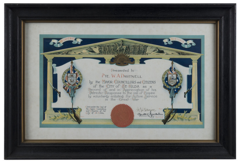 1915 colour lithographic certificate "Presented to Pte. W.A. Dartnell by the Mayor, Councillors and Citizens of the City of St. Kilda as a Record of and in Appreciation of his Patriotic Response to the call of Empire..." Dated August 1915. Attractively fr