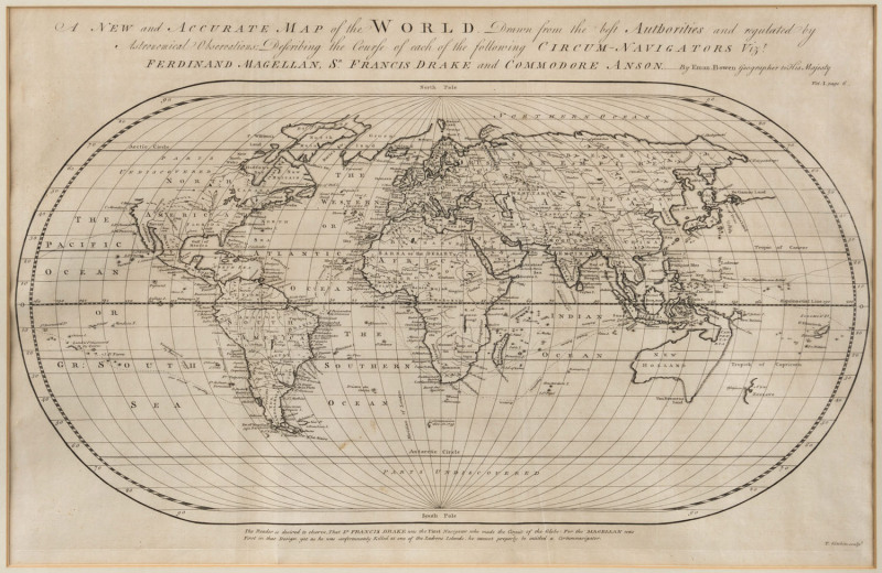 BOWEN, Emanuel (1694? - 1767) A New and Accurate Map of the World. Drawn from the best Authorities and regulated by Astronomical Observations: Describing the Course of each of the following Circum-Navigators Vizt. Ferdinand Magellan, Sr. Francis Drake and