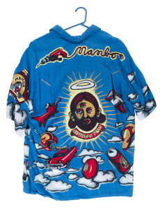 Reg MOMBASSA (Christopher O'Doherty, b.1951)"Australian Jesus"An original mens "L" size Mambo Loudshirts design,short-sleeved button down shirt; in VG condition.