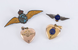 A.F.C. (Australian Flying Corp) sterling silver and enamel brooch, R.A.A.F. (Royal Australian Air Force) sterling silver and enamel brooch, and two gold plated R.A.A.F. heart lockets, (4 items)