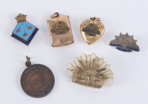 Australian WW1 period brooches, lockets, Anzac medal and "Doomba" enamel badge, (6 items)