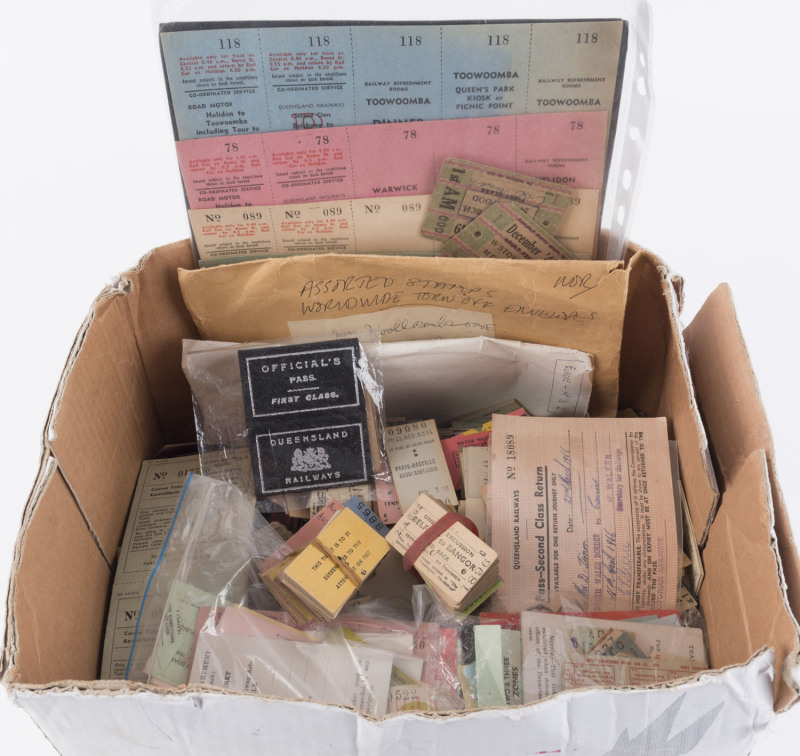 RAILWAY TICKETS & OTHER RAIL TRAVEL EPHEMERA: A huge accumulation of Edmondson-type tickets, noted Tasmania, Victoria, NSW, South Australia, Western Australia, Queensland, France, India, Japan, New Zealand, England, Ireland, etc. Most appear to be 1930s t