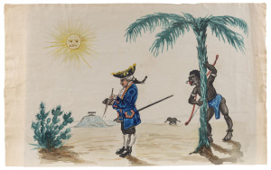 Artist Unknown (late 18th century), A European explorer makes his notes watched by an African tribesman hiding behind a tree. watercolours on paper (watermarked K&D), circa 1795, 29 x 45cm (approx.) Note "Table Mountain" in the background, the fierce sun 