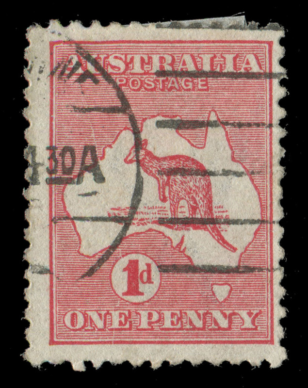 AUSTRALIA: Kangaroos - First Watermark: 1d Red (Die IIA) with "Cracked Electro" - State 1 - Big Crack variety, few nibbed perfs, used, BW.4(G)la - Cat.$750. 