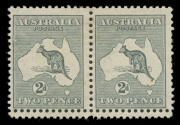 AUSTRALIA: Kangaroos - Second Watermark: 2d Grey, horizontal pair with DOUBLE PERFORATIONS [BW:6b] at base in combination with the variety "Retouched left frame and shading North West of map" [BW:6(1)k], fine Mint.