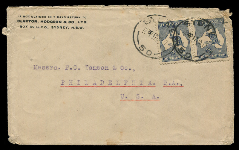 AUSTRALIA: Kangaroos - Second Watermark: 2½d Blues (2) paying double-rate on 1917 (Jan.17) cover to USA, left unit with variety "Heavy coastline to W.A." BW:10(2)d, cover opened on two sides with some edge blemishes. Scarce on cover.