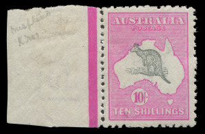 AUSTRALIA: Kangaroos - Third Watermark: 10/- Grey & Aniline Pink, left marginal single showing "Slight misplacement of Roo to upper left resulting in the ears being completely outside the W.A. coast". Mint, very lightly hinged and well centred. A lovely stamp.