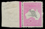 AUSTRALIA: Kangaroos - Third Watermark: 10/- Grey & Aniline Pink, left marginal single showing "Slight misplacement of Roo to upper left resulting in the ears being completely outside the W.A. coast". Mint, very lightly hinged and well centred. A lovely s