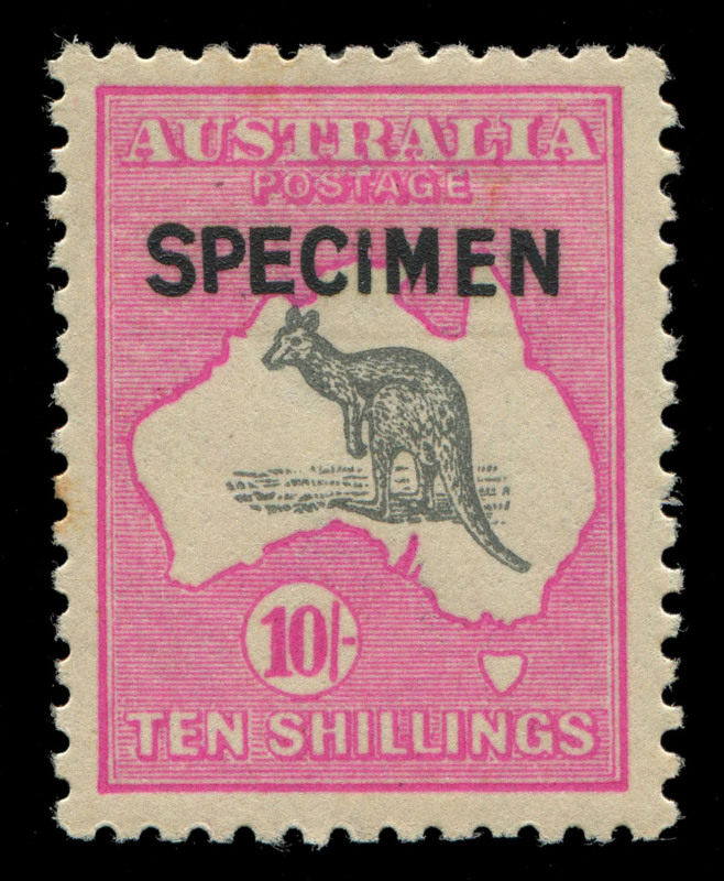 AUSTRALIA: Kangaroos - Third Watermark: 10/- Grey & Pink and £1 Brown & Blue optd 'SPECIMEN' Type B, the latter without gum, BW.48x & 52x - Cat $1500.