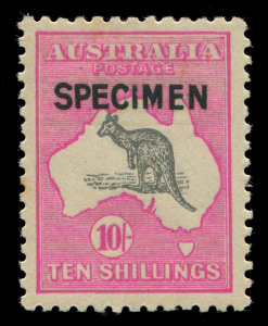 AUSTRALIA: Kangaroos - Third Watermark: 10/- Grey & Pink and £1 Brown & Blue optd 'SPECIMEN' Type B, the latter without gum, BW.48x & 52x - Cat $1500.