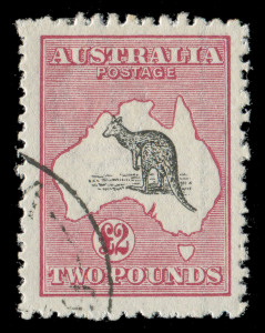 AUSTRALIA: Kangaroos - Third Watermark: £2 Black & Rose, cancelled to order with MVLH full original gum, very well centred, BW:56Aw - Cat. $6500. Very fine & fresh.