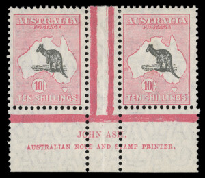 AUSTRALIA: Kangaroos - Small Multiple Watermark: 10/- Grey & Pale Pink, John Ash Imprint pair, MLH. BW:49za - $4000. Very fresh.