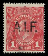 AUSTRALIA: KGV Heads - Single Watermark: 1d Red Smooth Paper with unauthorised 'A.I.F.' overprint applied by Captain Merrillees, a medical officer who served on board the SS Orontes troop ship during WWI, lightly cancelled. Seldom offered.