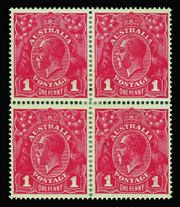 AUSTRALIA: KGV Heads - Single Watermark: 1d Deep Red Die III (G110) block of 4 with "Kiss Print" evident on all units, well centred, the central vertical perfs reinforced, BW:75Bca - Cat. $6000+. Mint.Provenance: The Arthur Gray Collection, May 2016, Lot 150.