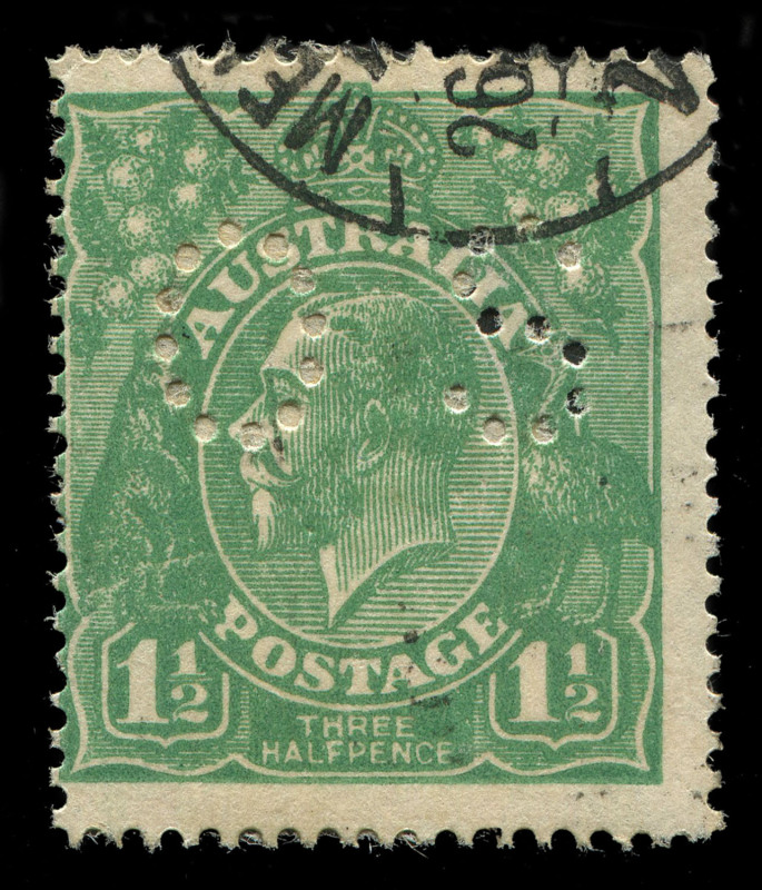 AUSTRALIA: KGV Heads - Single Watermark: 1½d Green Electro 12 variety "Cracked Electro through leg of Kangaroo" (early state) [12R22], tidy Melbourne datestamp well clear if the flaw, BW:88(12)n - Cat. $450.