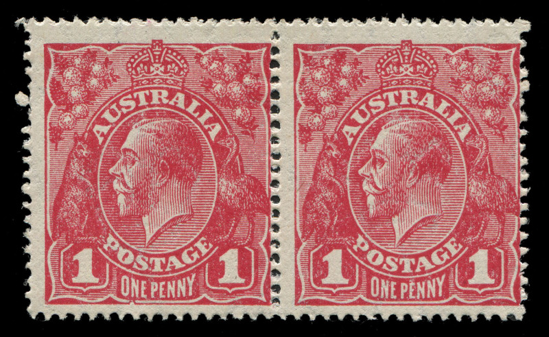 AUSTRALIA: KGV Heads - Large Multiple Watermark: Harrison Printings 1d Carmine-Rose pair, left hand unit variety "Secret mark" [VII/1], fine MLH, BW:74A(4)d - Cat. $365+.