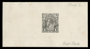 AUSTRALIA: KGV Heads - Single Watermark: THE PERKINS BACON DIE PROOFS: State 2 die proof with a field of horizontal lines behind the King's head, the King's nose has been improved and the hair has been lightened. In black on thin card with a light pinkish