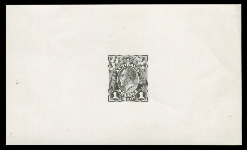 AUSTRALIA: KGV Heads - Single Watermark: THE PERKINS BACON DIE PROOFS: State 2 die proof with a field of horizontal lines behind the King's head, in black on highly glazed thin card (125x75mm) with no endorsements on the face, 'PERKINS BACON & CO LTD/PROO