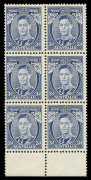 AUSTRALIA: Other Pre-Decimals: 1937-49 (SG.168a) KGVI 3d blue Die I "White Wattles" marginal block of 6 (2x3), centre-left unit with variety "Bottom frame thinned under 'AU'", fresh MUH, BW:190 & 190d - Cat. $2600+.