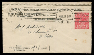 AUSTRALIA: Postal Stationery: Envelopes - Stamped to Order: 1916 (Mar.16) Melbourne local use of 1d Red KGV Sideface unusual small format (137x80mm) envelope BW:ES14 for user Melbourne and Metropolitan Board of Works, few small blemishes.