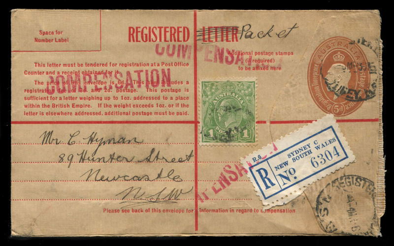 AUSTRALIA: Postal Stationery: Registration Envelopes: 1936 use of 5d Registration Envelopes BW: RE28B from Sydney to same addressee in Newcastle (4), all but one uprated with KGV 1d green, each with 'LETTER' scored through & "PACKET" added in manuscript,