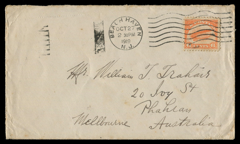 AUSTRALIA: Postal History: 1919 (Oct.27) cover from New Jersey to Melbourne bearing 6c Air Post for 1oz USA internal airmail service, thence by surface. The earliest known airmail service accelerated item USA-Australia. Ex Perry (2013 realized $2213) 