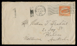 AUSTRALIA: Postal History: 1919 (Oct.27) cover from New Jersey to Melbourne bearing 6c Air Post for 1oz USA internal airmail service, thence by surface. The earliest known airmail service accelerated item USA-Australia. Ex Perry (2013 realized $2213) 