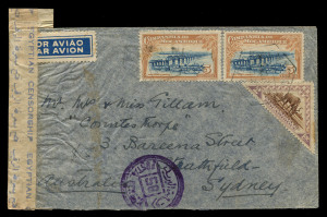 AUSTRALIA: Postal History: 1940 (July 10) cover from Beira, Mozambique to Sydney franked (front and reverse) 14E25, for UPU 1E75 rate plus airmail surcharge 6E25 per 5gms x2, sent via Cairo where it joined BOAC service Horseshoe route (flight NE4), backstamped Calcutta, Egyptian censor tape/handstamp (code '56'). Most attractive and rare.