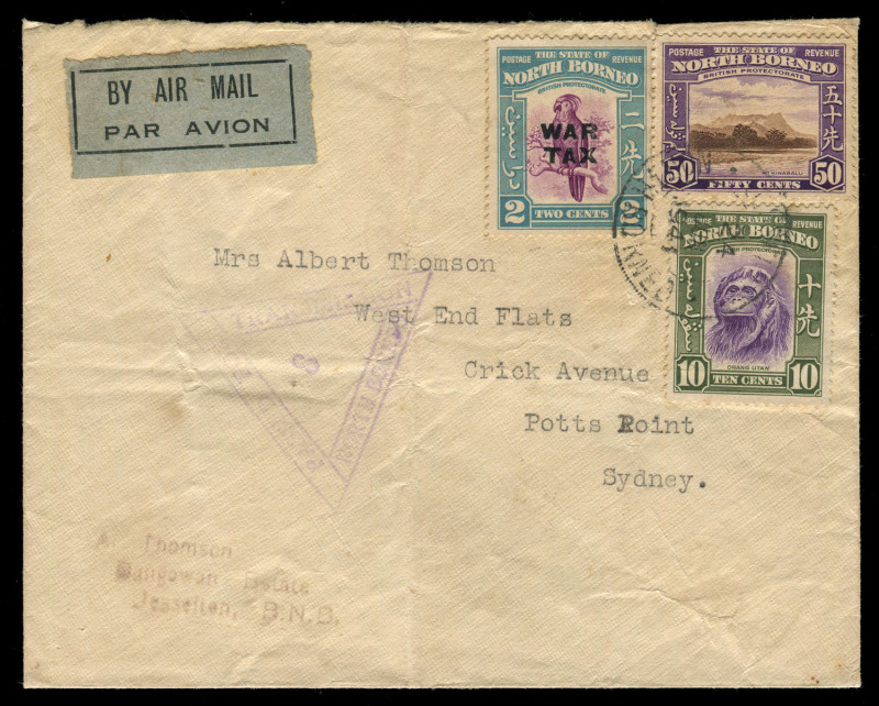 AUSTRALIA: Postal History: 1941 (June 24) inwards censored cover from Dangawan Estate, Jesselton, North Borneo to Sydney bearing aggregate 60c franking (plus compulsory 2c War Tax stamp for overseas mail), reasonable strike of rare triangular 'PASSED FOR/