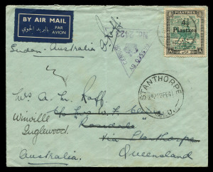 AUSTRALIA: Postal History - World War II - Military: 1940-41 censored military covers from a Sudan correspondence to Queensland; varying compositions for 45m rate (one scarce solo 4½p on 8p), stamps tied by 'FPO/Nº 23' and 'MPO/804' datestamps, former with Base censor tape/handstamp and British triangular handstamp, additionally censored at Brisbane, latter British triangular handstamp only, blemishes. Rare pair. (2)