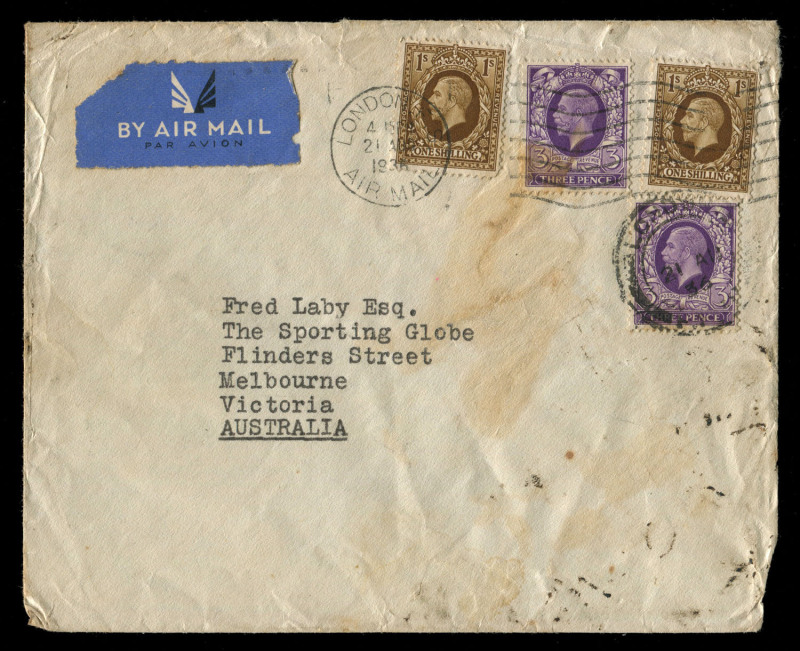 AUSTRALIA: Aerophilately & Flight Covers: 21 Aug.1936 roughly opened cover London-Melbourne, participant in the famed 'Desert incident', where Horsa on Aug 29, during Imperial Airways service flight IE473 (departed Aug.22), overshot Bahrain Aerodrome by 1