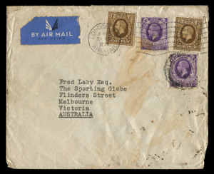 AUSTRALIA: Aerophilately & Flight Covers: 21 Aug.1936 roughly opened cover London-Melbourne, participant in the famed 'Desert incident', where Horsa on Aug 29, during Imperial Airways service flight IE473 (departed Aug.22), overshot Bahrain Aerodrome by 100kms at night, a consequence of the airfield lights not having been switched on, the pilots becoming lost and making a forced-landing in the desert, at Salwa Wells.