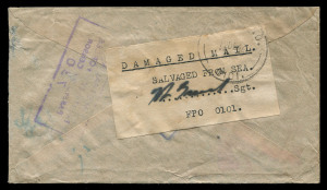AUSTRALIA: Aerophilately & Flight Covers: CRASH COVER: Dec.1942 airmail cover recovered from RAAF Beaufort A-119 (7 Squadron), which ditched in the sea on 9 December, near Wednesday Island (off Thursday Island), 'DAMAGED MAIL/SALVAGED FROM SEA' label affixed, signed and tied by 'FIELD P.O./0101' cds of Thursday Island. One of the rarest crash covers of Australia, missing from most major aerophilately collections. Unlisted AAMC and Nierinck. Will be included in the next edition of AAMC