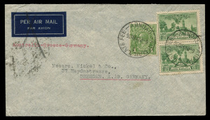 AUSTRALIA: Postal History: 1936 (Aug.28) airmail cover to Germany endorsed 'Australia-Greece-Germany' with 1/- SA Centenary pair (upper unit perf fault) & KGV 1d green tied by AIR MAIL LATE FEE/SYDNEY datestamp, fine ATHENS transit backstamp. Scarce frank