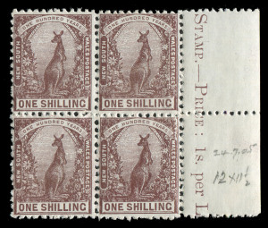 NEW SOUTH WALES: 1902-03 (SG.325) 1/- purple-brown Kangaroo, block of 4 with part marginal inscription at right; three units MUH, the other MVLH, Cat.£300+.