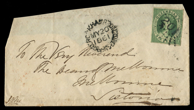 QUEENSLAND: Imperf 6d green (SG.3, full margins) on 1861 (May 20) large-part cover to Melbourne, tied by Rays '201' cancel of Rockhampton; on reverse fine Brisbane transit & Melbourne arrival datestamp in red; flap missing and a little reduced, Cat. from