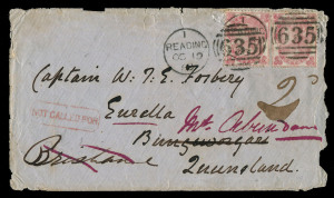 QUEENSLAND - Postal History: 1863 (Oct.19) inwards cover from England to Bungeworgerai with GB Small Uncoloured Letters 3d pale carmine-rose (2, SG.Cat £600 on cover) tied by Reading '635' duplex cancels, boxed 'NOT CALLED FOR' applied on arrival, mss "2d" applied for re-direction fee to Mt. Abundance, on reverse LONDON, BRISBANE & D.L.O. QUEENSLAND datestamp; cover edges a tad ragged. Very scarce instructional marking.