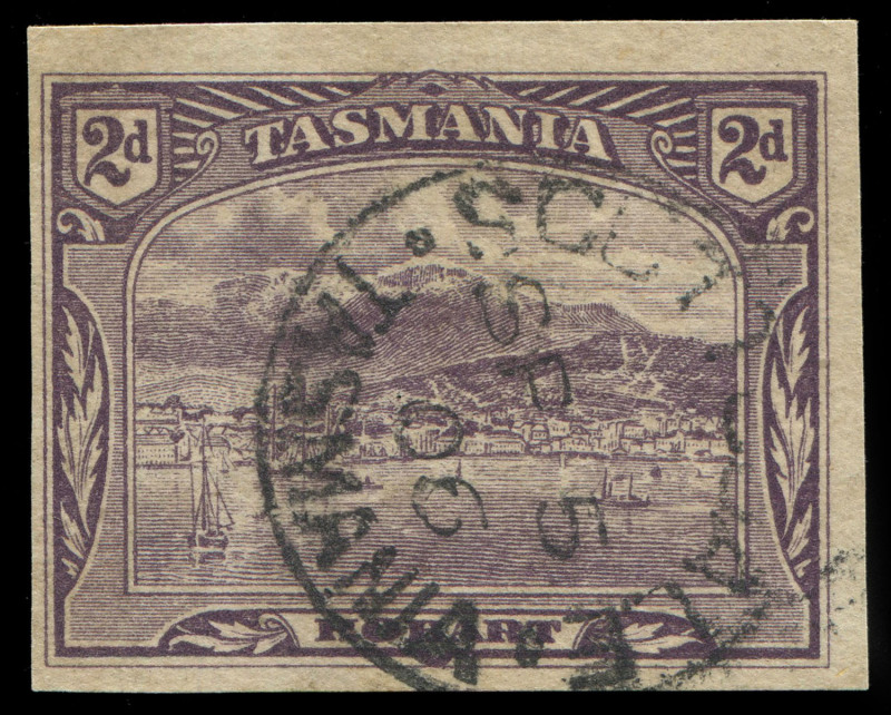 TASMANIA: 1905-12 (SG.245f) Wmk Crown/A 2d slate-lilac COMPLETELY IMPERFORATE, fine used with SCOTTSDALE 'SP5/06' datestamp, necessarily offered "as is".