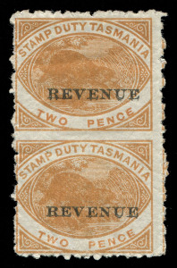 TASMANIA - Revenues: 1900 2d Platypus Stamp Duty vertical pair IMPERFORATE HORIZONTALLY between stamps, the lower unit MUH. Rare.