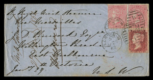 VICTORIA - Postal History: 1862 (Jan.27) inwards cover from London endorsed "By Royal Mail Steamer/Via Marseilles" addressed to East Melbourne with GB Large Garter 4d rose (SG.66a) fine pair + 1d red 'Stars' tied by LONDON 'W/31' duplex cancels, MELBOURNE 'MR13/62' arrival datestamp, some trivial aging at base.