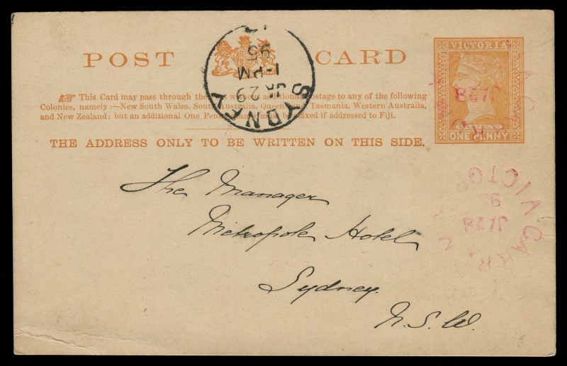 VICTORIA - Postmarks: CARRUM: 1895 use of 1d Postal Card to Sydney with clear strike of unframed 'CARRUM/JA28/95' (WWW.10) datestamp in red, coloured datestamps unrecorded for this type, Rated 2R (in black).