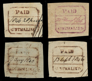 WESTERN AUSTRALIA - Postmarks: AUSTRALIND: octagonal 'PAID/AUSTRALIND' datestamps PMI:PA Pd 2 (4) in magenta dated "22nd Augt/44" (early date, possibly ERD?) and in black dated "1846.28 June", "15 Sept 1846" or "9 Aug 1850", all cut are square on letter fragments. Scarce group. (4 items)