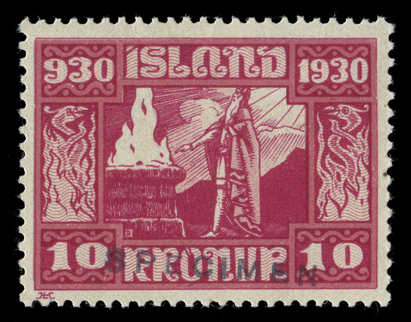 ICELAND: 1930 (Mi.125-40 & 142-46) Parliamentary series 3a to 10k set (16) including 10a Air all with 'SPECIMEN' handstamps, plus 15a to 1k Airs set of 5 overprinted 'SPECIMEN', fine MLH; included with this lot is a letter confirming the stamps formed par