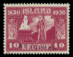 ICELAND: 1930 (Mi.125-40 & 142-46) Parliamentary series 3a to 10k set (16) including 10a Air all with 'SPECIMEN' handstamps, plus 15a to 1k Airs set of 5 overprinted 'SPECIMEN', fine MLH; included with this lot is a letter confirming the stamps formed part of a collection presented by the Australian Post Office to former Postmaster-General, Sir Harry Brown.