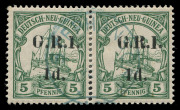 NEW GUINEA - 'G.R.I.' Overprints: 1914-15 (SG.2) Surcharges (5mm spacing) 1d on 5pf green pair, with central Powell Type 7 STEPHANSORT cds in blue, Cat.£220+.