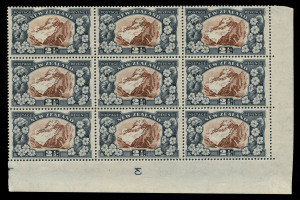 NEW ZEALAND: 1936-42 Pictorials (SG.581) 2½d red-brown & blue-slate Perf.14 Plate 3 (reversed) CP.L5e corner block of 9 (lower six units MUH); also, optd 'Official' corner block of 6 (lower three units MUH). Fine and scarce multiples. (15). Cat.£180++.