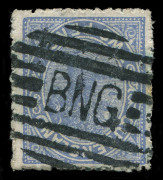 PAPUA: QUEENSLAND USED IN PAPUA: 1885-1901 range comprising Lined Background 2d blue & 2½d carmine each with large part 9-Bars 'BNG' Type 25 cancels of Samarai; also Void Background 1d red & 2d blue Sidefaces rejoined piece with largely complete Type 6 'P