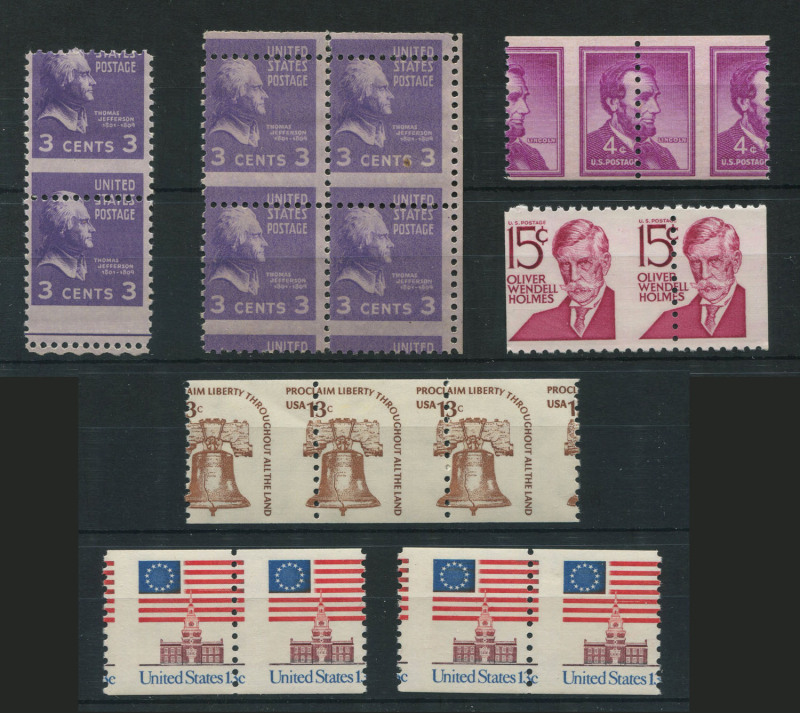 UNITED STATES OF AMERICA: FREAKS & ODDITIES: 1938-75 misperforated selection comprising 1938 3c Prexie pair and block of 4, 1954 4c Lincoln pair, 1968 15c Holmes pair, 1975 13c Liberty Bell strip of 3, 1975 13c Flag/Independence Hall pairs (2), some spect